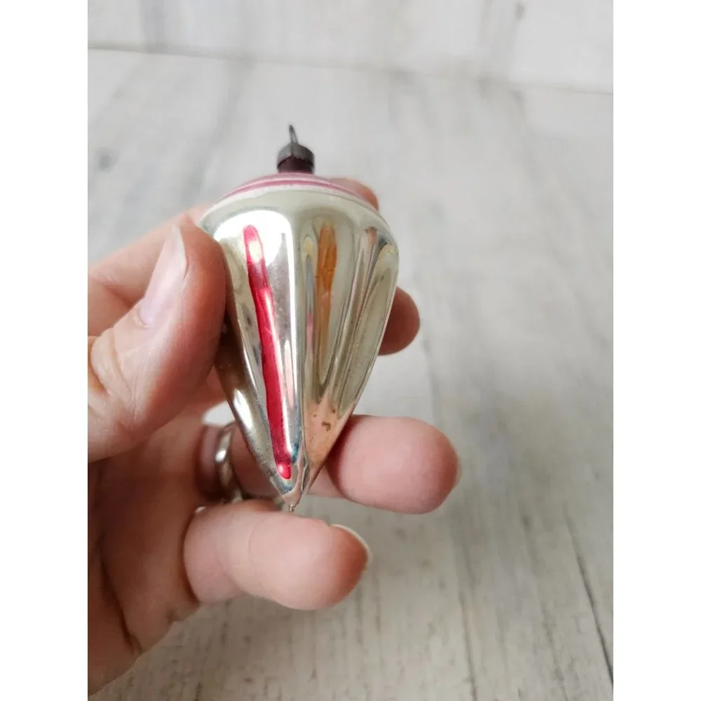 Antique torpedo topper‎ red striped glass ornament silver Xmas tree